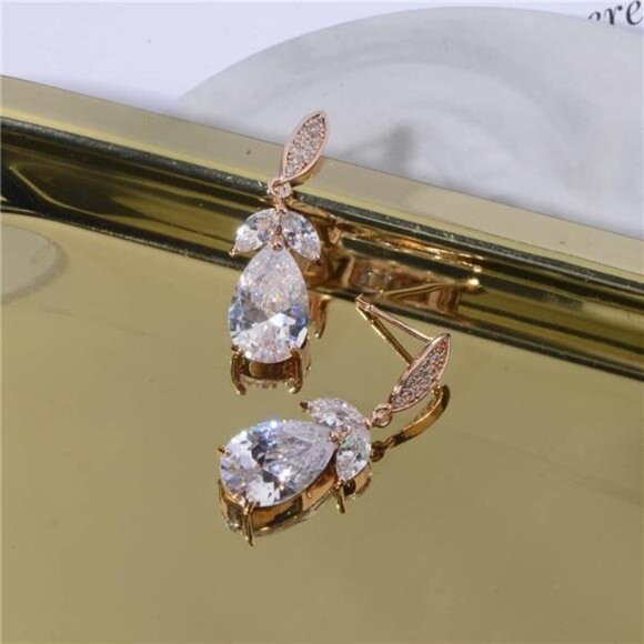 Rose Gold CZ Teardrop Earrings | Sparkly Marquise Crystal Dangle - Picture 4 of 5